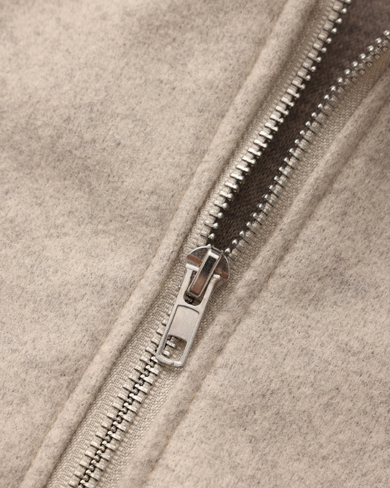 Hooded Wool Zip Coat with Relaxed Fit and Side Pockets - Beige