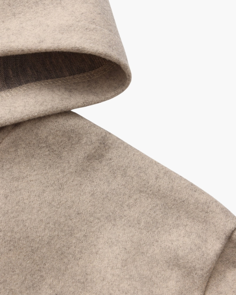 Hooded Wool Zip Coat with Relaxed Fit and Side Pockets - Beige