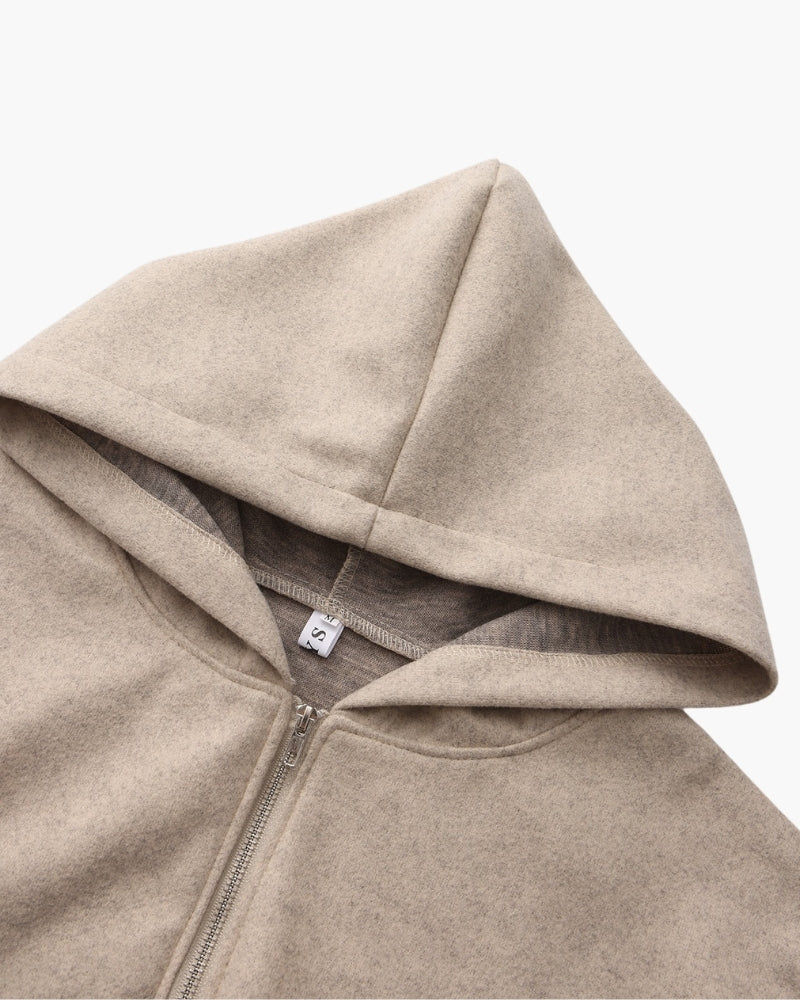 Hooded Wool Zip Coat with Relaxed Fit and Side Pockets - Beige