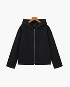 Hooded Wool Zip Coat with Relaxed Fit and Side Pockets - Black