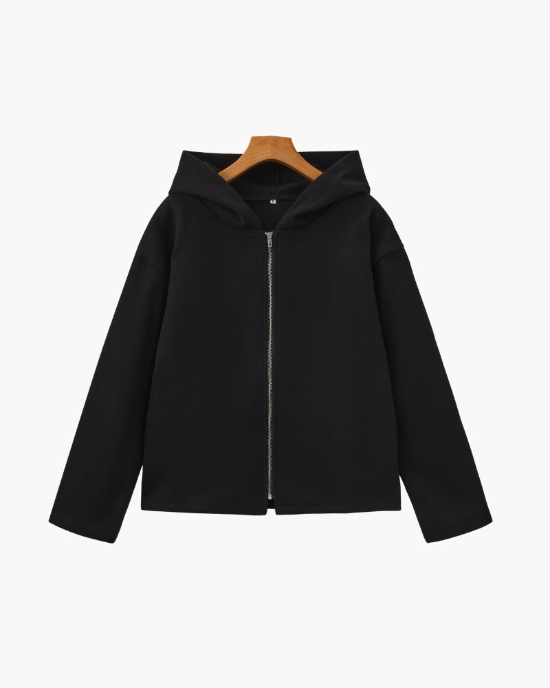Hooded Wool Zip Coat with Relaxed Fit and Side Pockets - Black