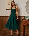 Jacquard Midi Dress with Square Neck and High Side Slit - Green