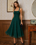 Jacquard Midi Dress with Square Neck and High Side Slit - Green