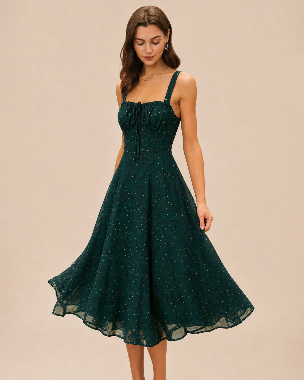 Jacquard Midi Dress with Square Neck and High Side Slit - Green