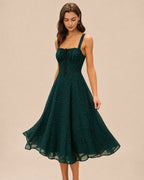 Jacquard Midi Dress with Square Neck and High Side Slit - Green