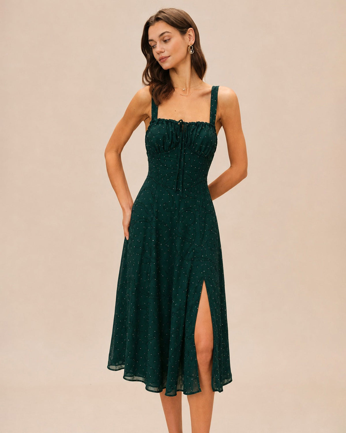 Jacquard Midi Dress with Square Neck and High Side Slit - Green