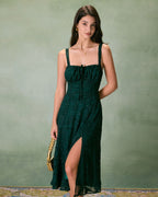 Jacquard Midi Dress with Square Neck and High Side Slit - Green
