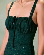 Jacquard Midi Dress with Square Neck and High Side Slit - Green