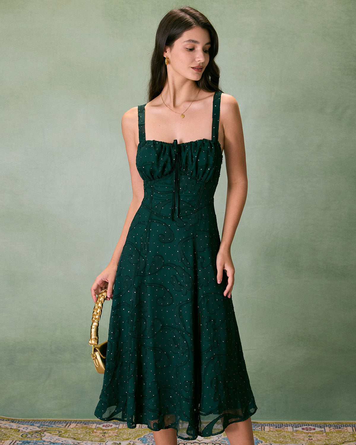 Jacquard Midi Dress with Square Neck and High Side Slit - Green