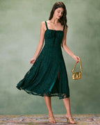 Jacquard Midi Dress with Square Neck and High Side Slit - Green