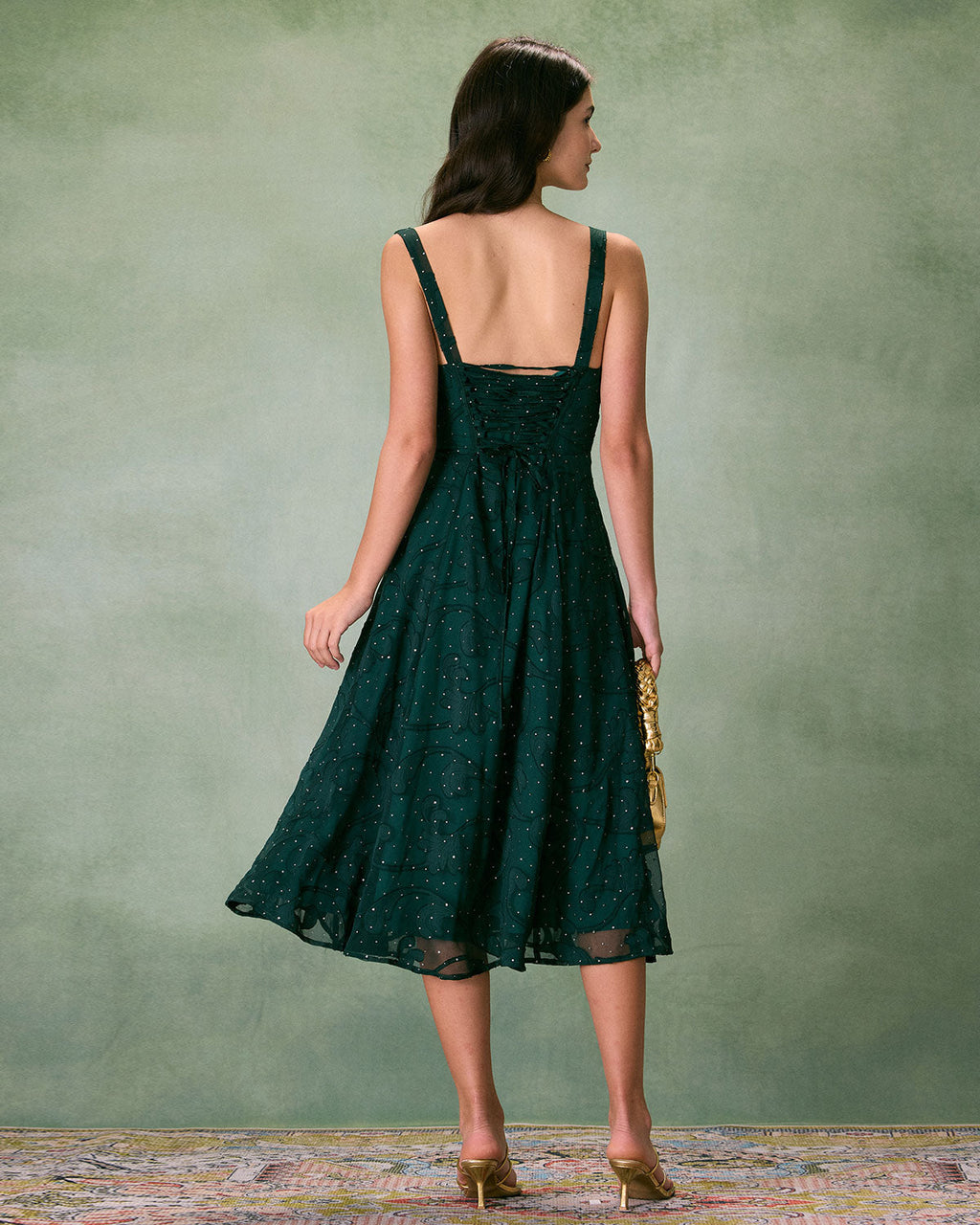 Jacquard Midi Dress with Square Neck and High Side Slit - Green
