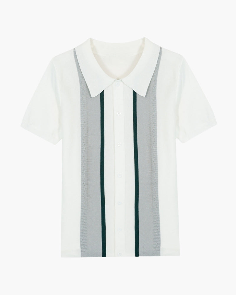 Knit Polo Shirt with Button Placket and Ribbed Trims, Long Sleeve
