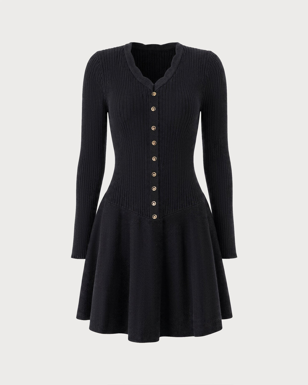 Knitted Dress with V Neck, Button Front and Flared Skirt - Black