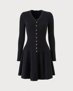 Knitted Dress with V Neck, Button Front and Flared Skirt - Black