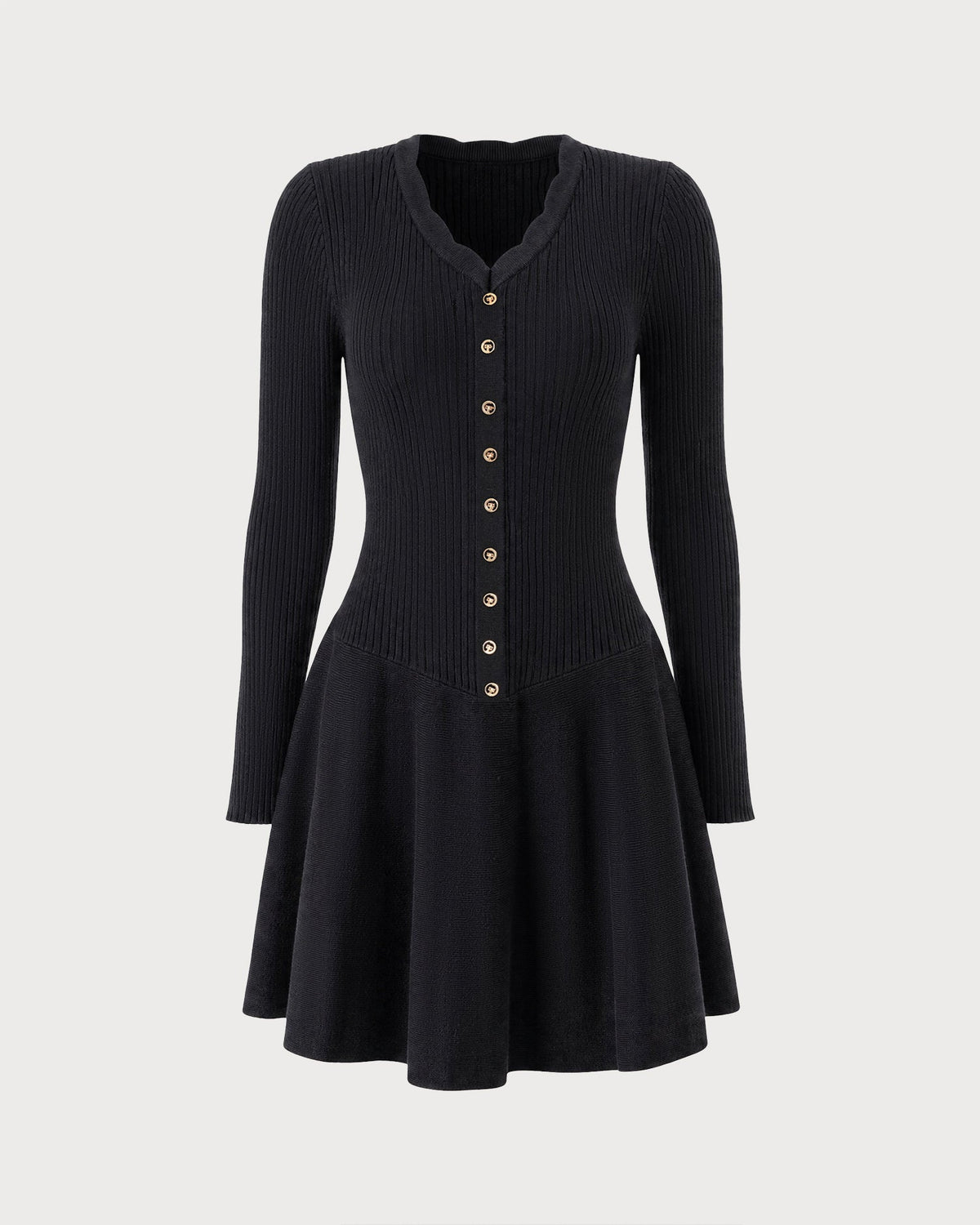 Knitted Dress with V Neck, Button Front and Flared Skirt - Black