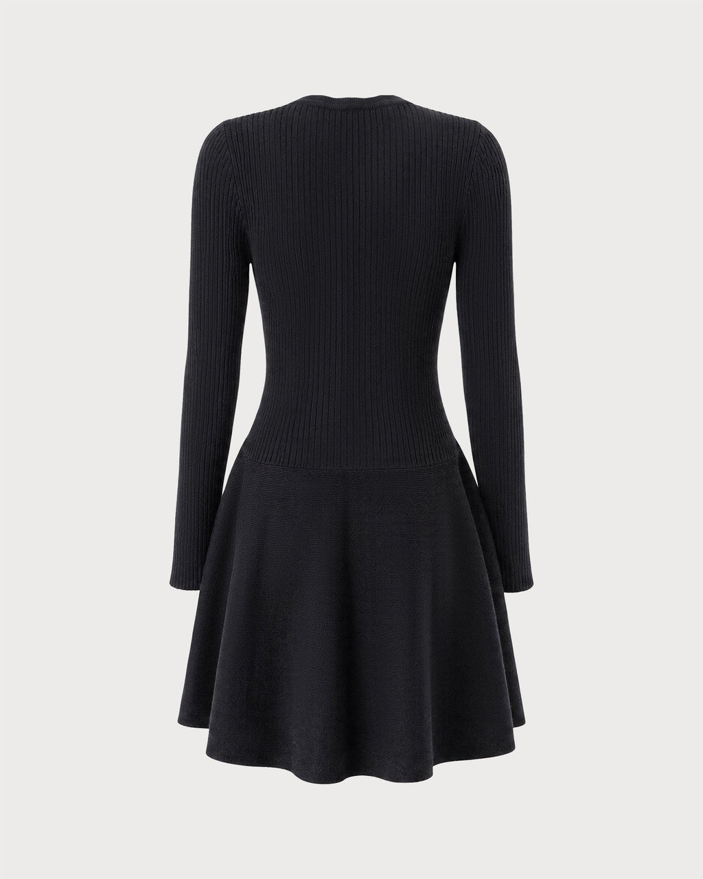 Knitted Dress with V Neck, Button Front and Flared Skirt - Black