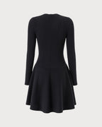 Knitted Dress with V Neck, Button Front and Flared Skirt - Black