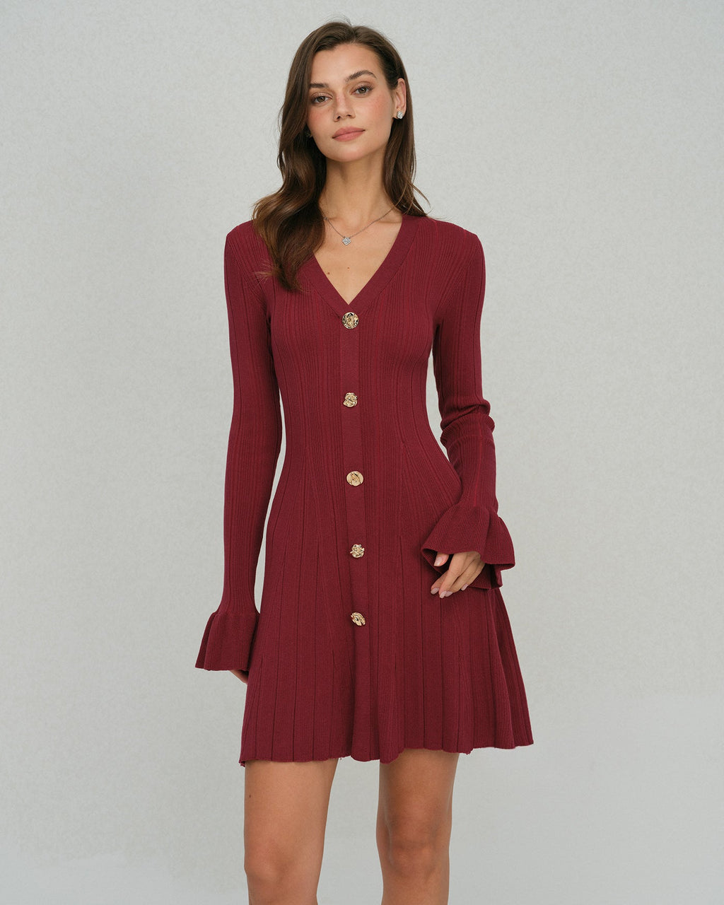 Knitted Dress with V Neck, Buttons and Pleated Hem - Wine Red
