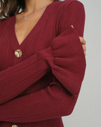 Knitted Dress with V Neck, Buttons and Pleated Hem - Wine Red