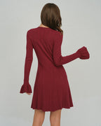 Knitted Dress with V Neck, Buttons and Pleated Hem - Wine Red