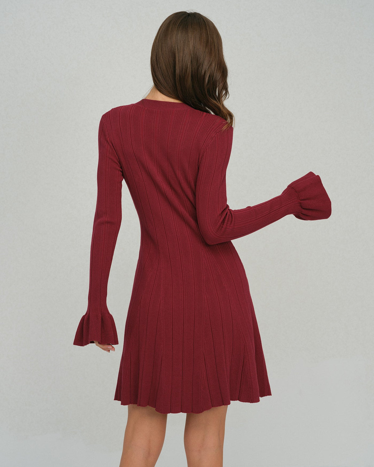 Knitted Dress with V Neck, Buttons and Pleated Hem - Wine Red