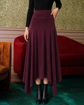 Knitted Maxi Skirt with Ruched Waist and Handkerchief Hem - Wine Red