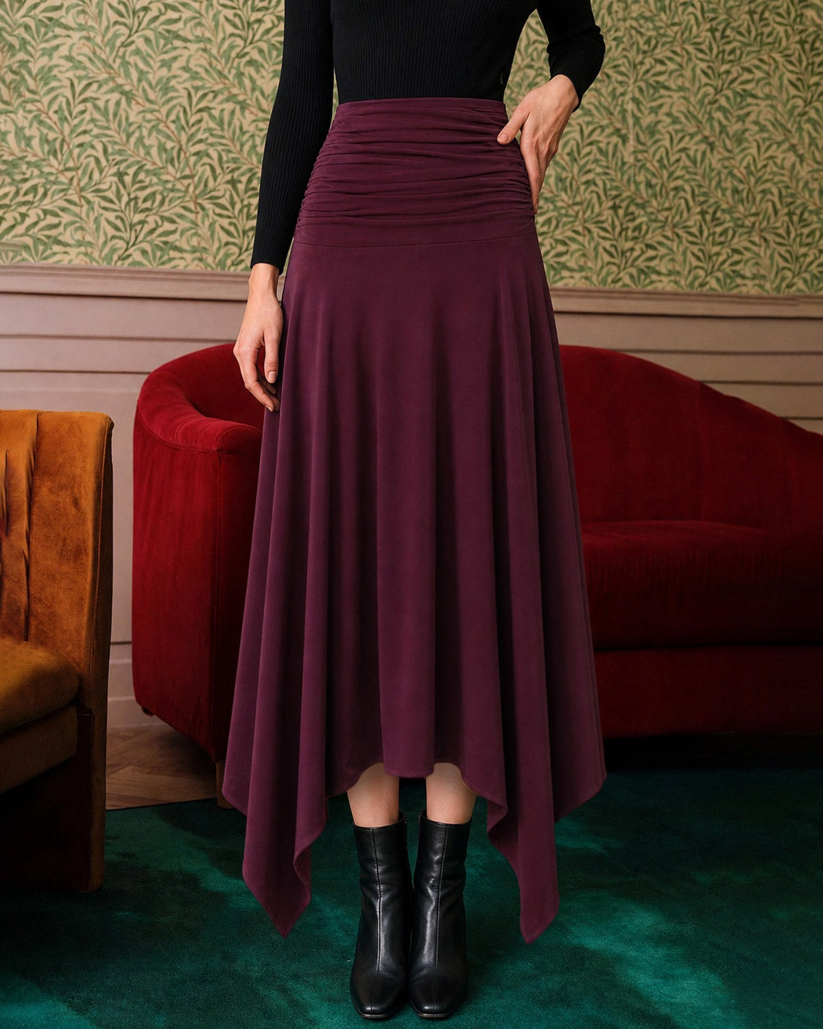 Knitted Maxi Skirt with Ruched Waist and Handkerchief Hem - Wine Red