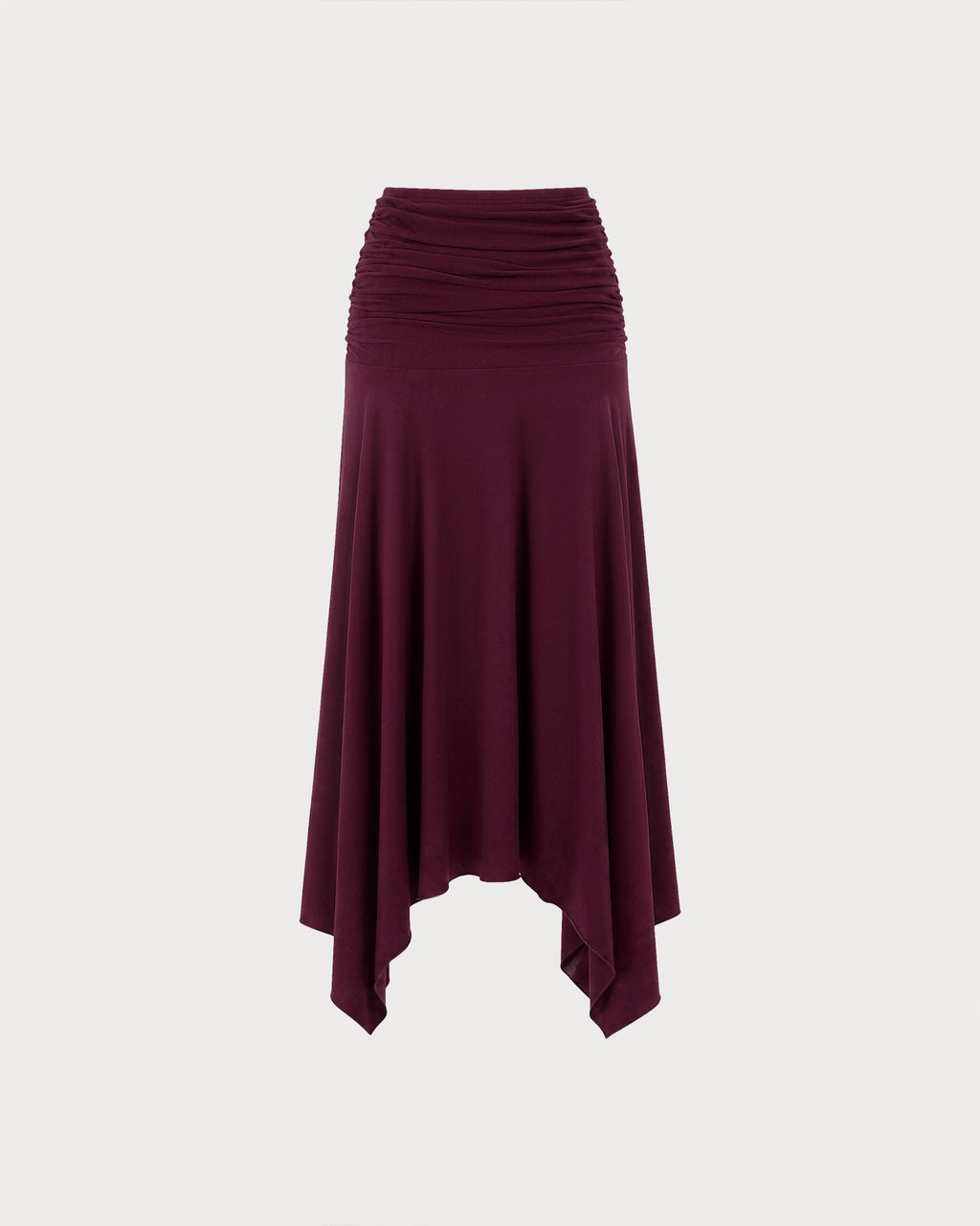 Knitted Maxi Skirt with Ruched Waist and Handkerchief Hem - Wine Red