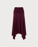 Knitted Maxi Skirt with Ruched Waist and Handkerchief Hem - Wine Red