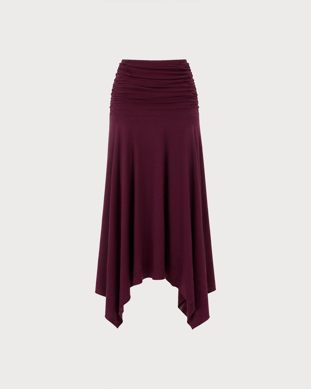 Knitted Maxi Skirt with Ruched Waist and Handkerchief Hem - Wine Red