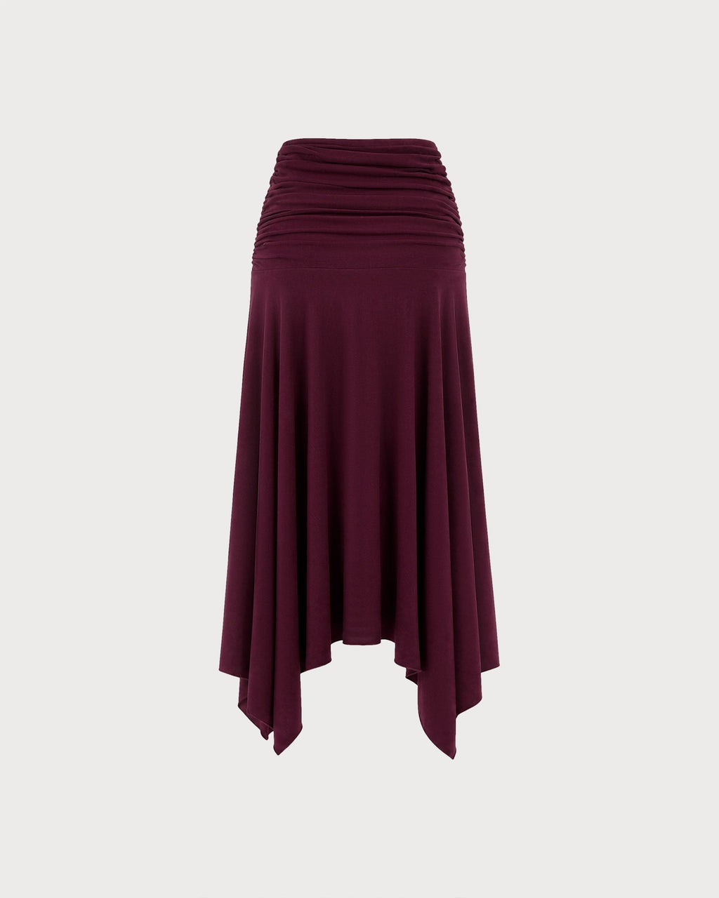 Knitted Maxi Skirt with Ruched Waist and Handkerchief Hem - Wine Red