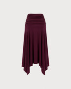 Knitted Maxi Skirt with Ruched Waist and Handkerchief Hem - Wine Red