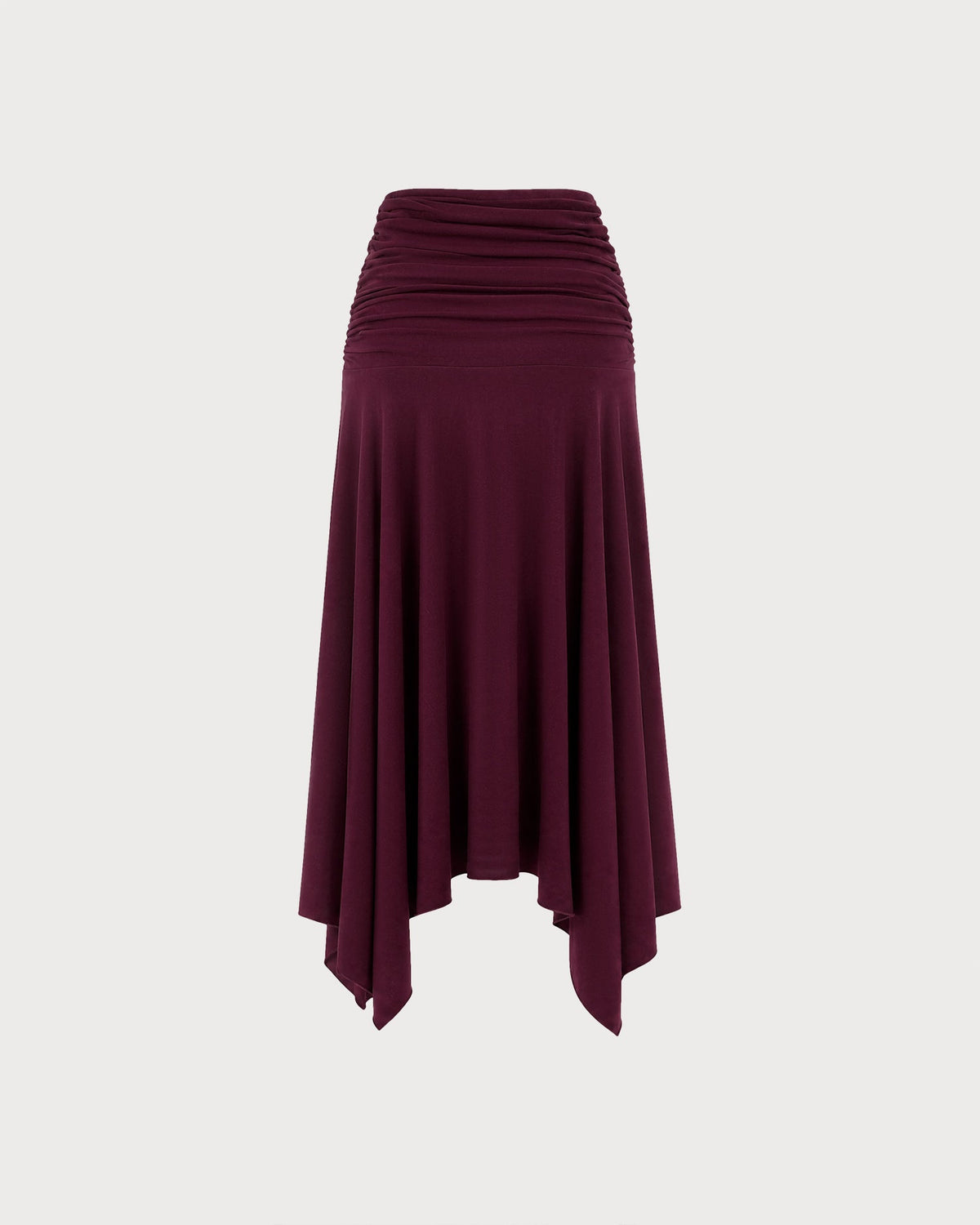 Knitted Maxi Skirt with Ruched Waist and Handkerchief Hem - Wine Red