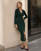 Knitted Midi Dress with Collar, Button Front and Flared Hem - Green