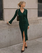 Knitted Midi Dress with Collar, Button Front and Flared Hem - Green