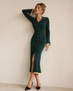 Knitted Midi Dress with Collar, Button Front and Flared Hem - Green