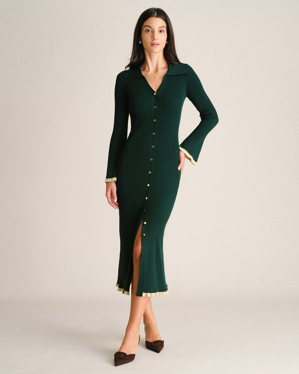Knitted Midi Dress with Collar, Button Front and Flared Hem - Green