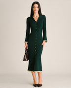 Knitted Midi Dress with Collar, Button Front and Flared Hem - Green