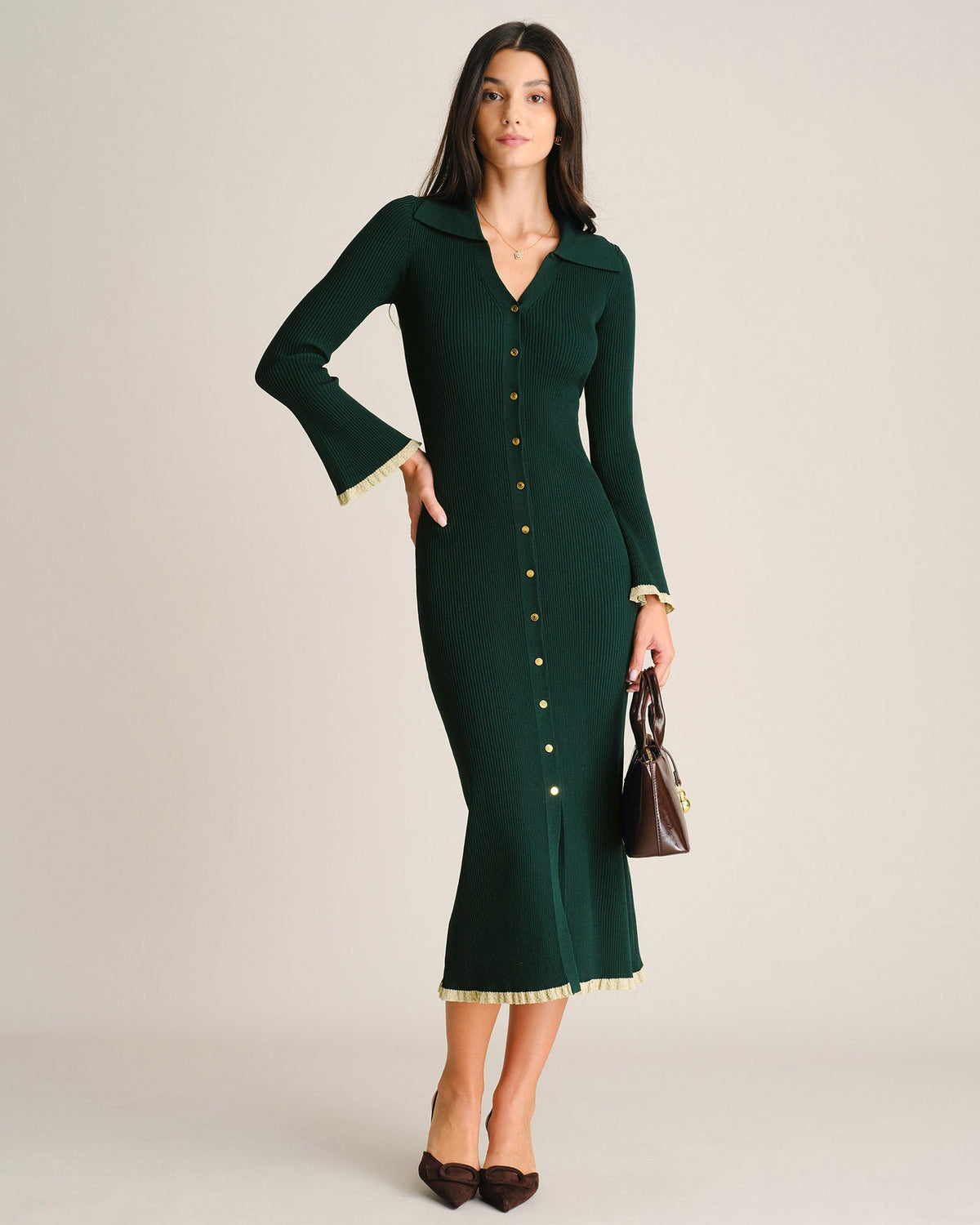 Knitted Midi Dress with Collar, Button Front and Flared Hem - Green