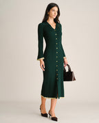 Knitted Midi Dress with Collar, Button Front and Flared Hem - Green
