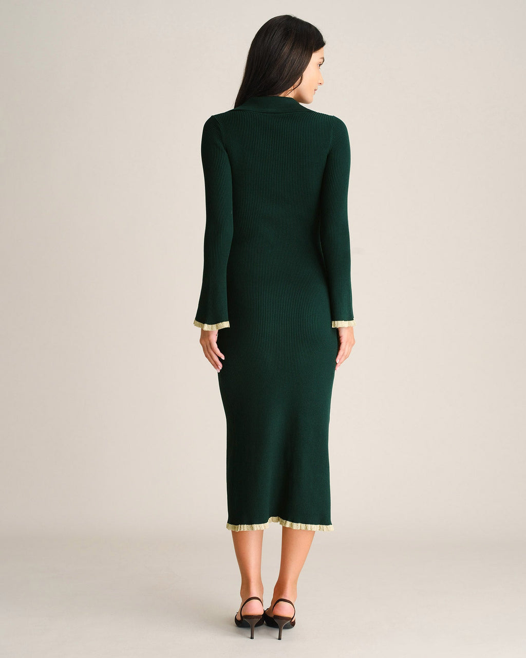 Knitted Midi Dress with Collar, Button Front and Flared Hem - Green