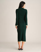 Knitted Midi Dress with Collar, Button Front and Flared Hem - Green