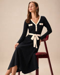 Knitted Midi Dress with Contrast V Neck and Tie Waist - Black