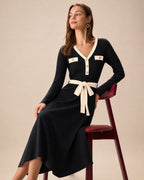 Knitted Midi Dress with Contrast V Neck and Tie Waist - Black