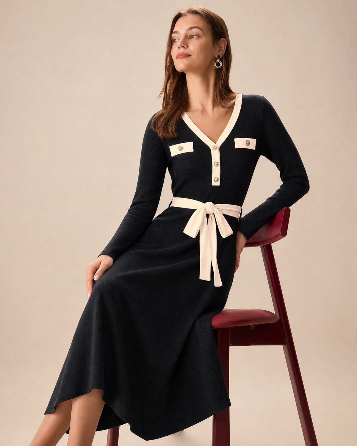 Knitted Midi Dress with Contrast V Neck and Tie Waist - Black
