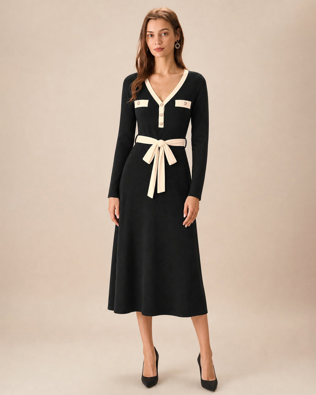 Knitted Midi Dress with Contrast V Neck and Tie Waist - Black