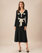 Knitted Midi Dress with Contrast V Neck and Tie Waist - Black