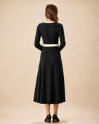 Knitted Midi Dress with Contrast V Neck and Tie Waist - Black
