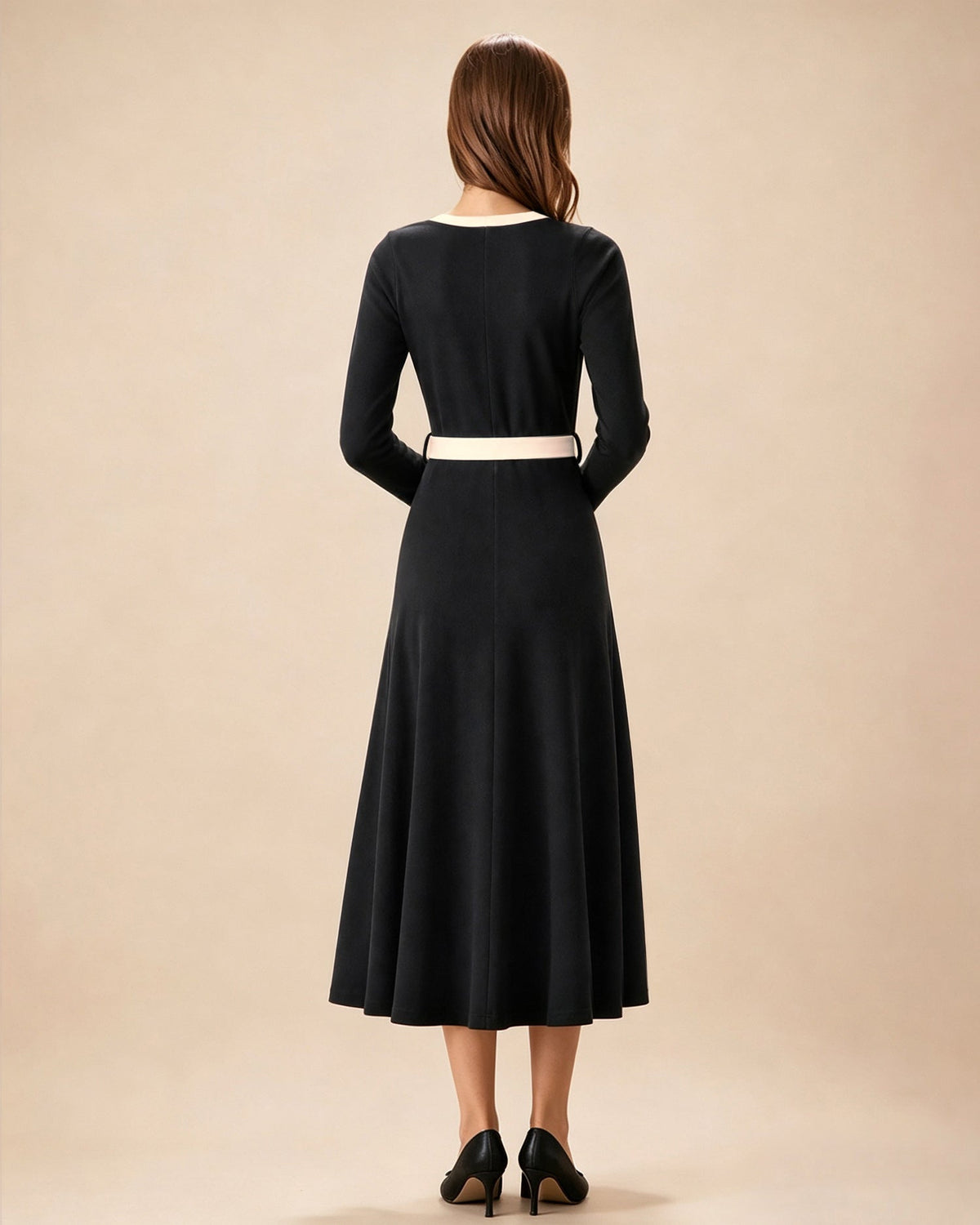Knitted Midi Dress with Contrast V Neck and Tie Waist - Black
