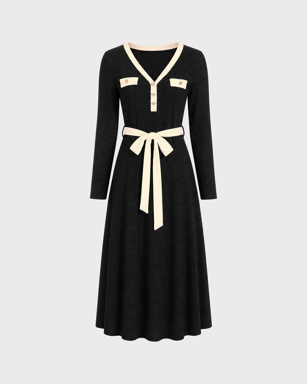 Knitted Midi Dress with Contrast V Neck and Tie Waist - Black